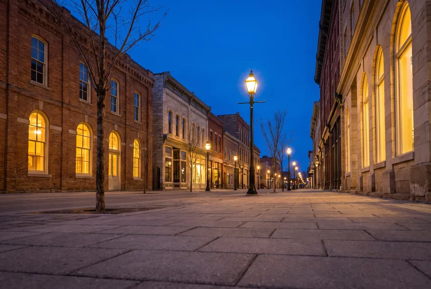 Brick and limestone street at dusk
